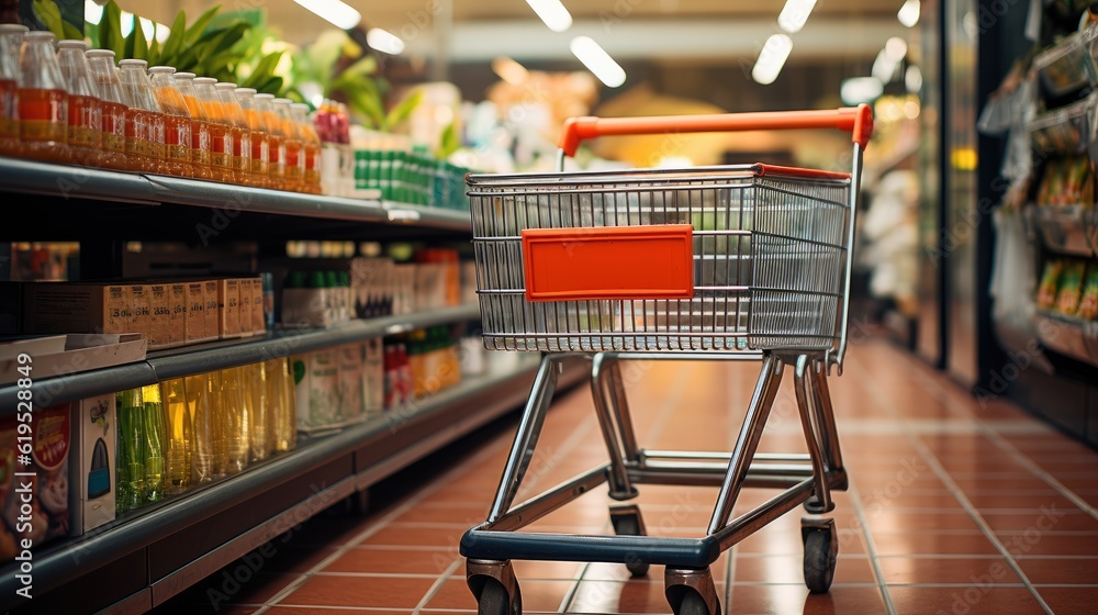 Shopping cart on supermarket aisle at department store.