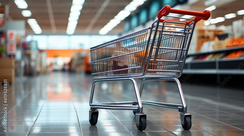 Supermarket aisle with shopping cart.