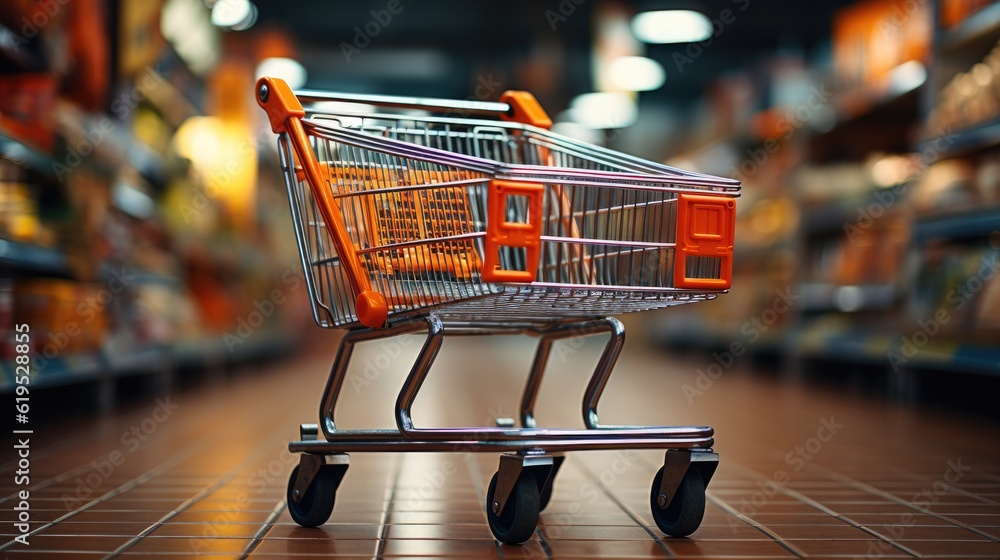 Shopping cart on supermarket aisle at department store.