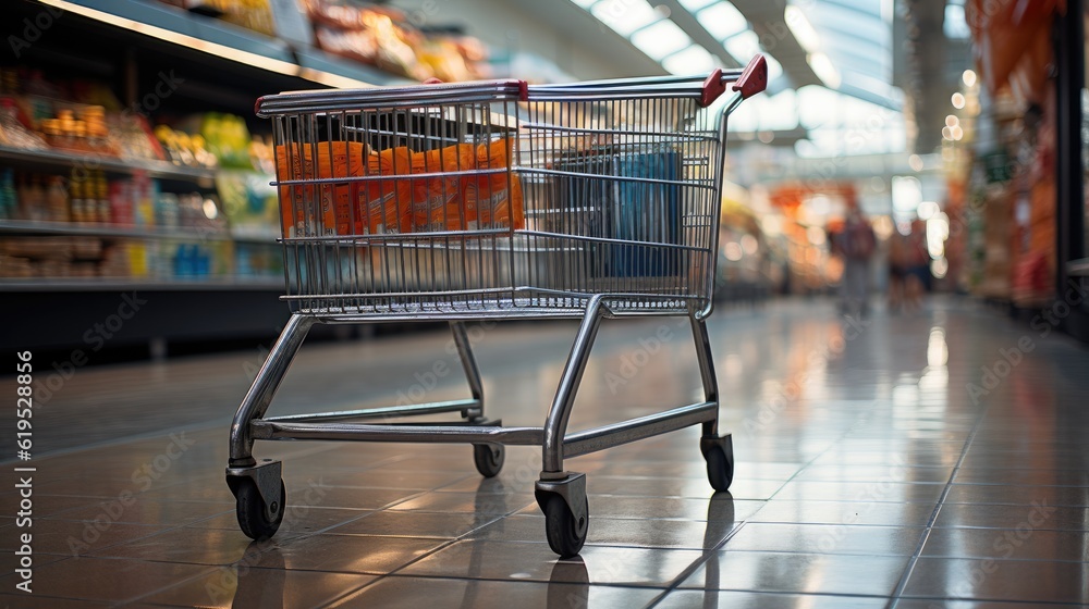 Shopping cart on supermarket aisle at department store.