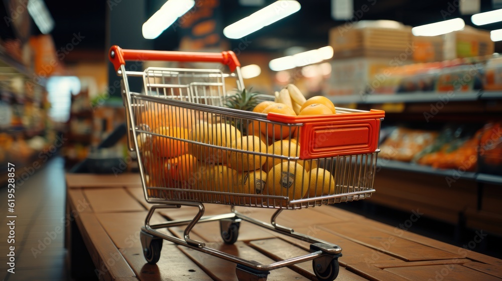 Supermarket aisle with shopping cart.