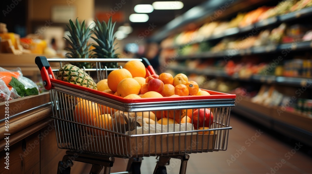 Supermarket aisle with shopping cart.