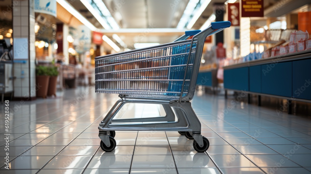 Shopping cart on supermarket aisle at department store.