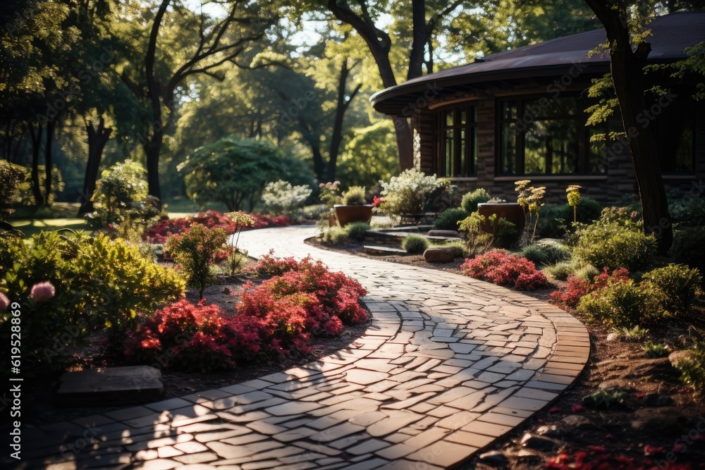 Stone walkway winding in garden at modern home, Design home garden landscaping.