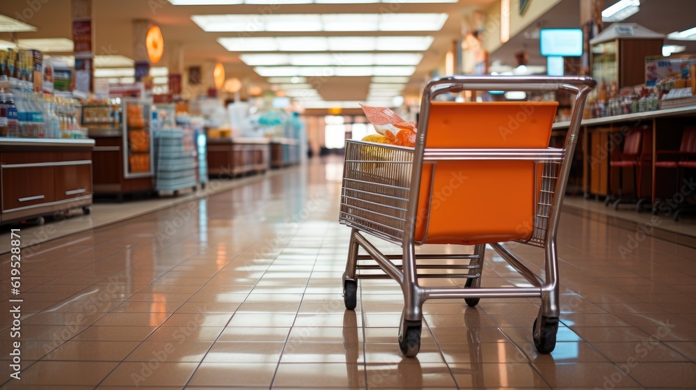 Shopping cart on supermarket aisle at department store.