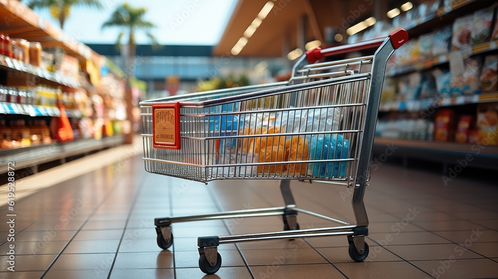 Supermarket aisle with shopping cart.