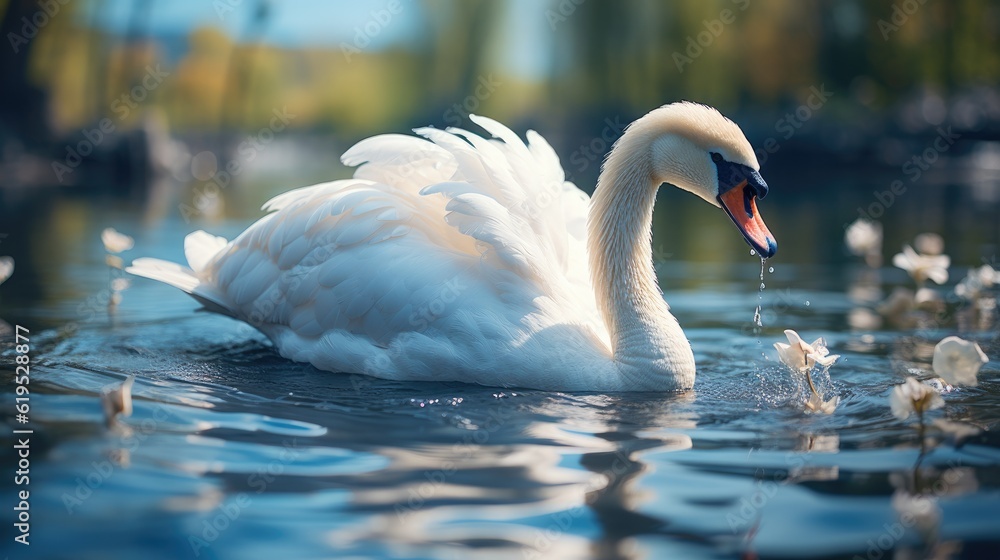 Swan, Beautiful white swan floating on the lake, White swan in the water.