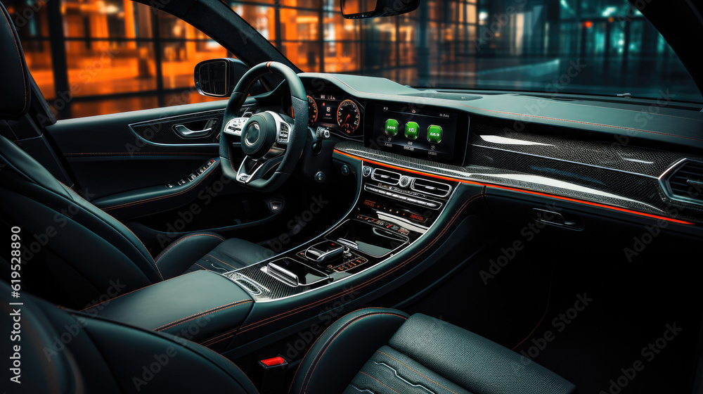 Luxury modern car Interior, Steering wheel, shift lever and dashboard, Detail of modern car interior