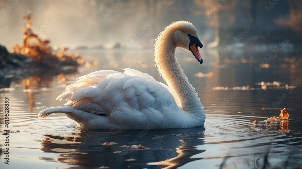 Swan, Beautiful white swan floating on the lake, White swan in the water.