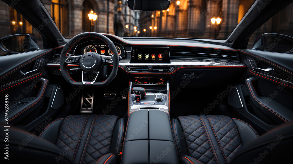 Luxury modern car Interior, Steering wheel, shift lever and dashboard, Detail of modern car interior