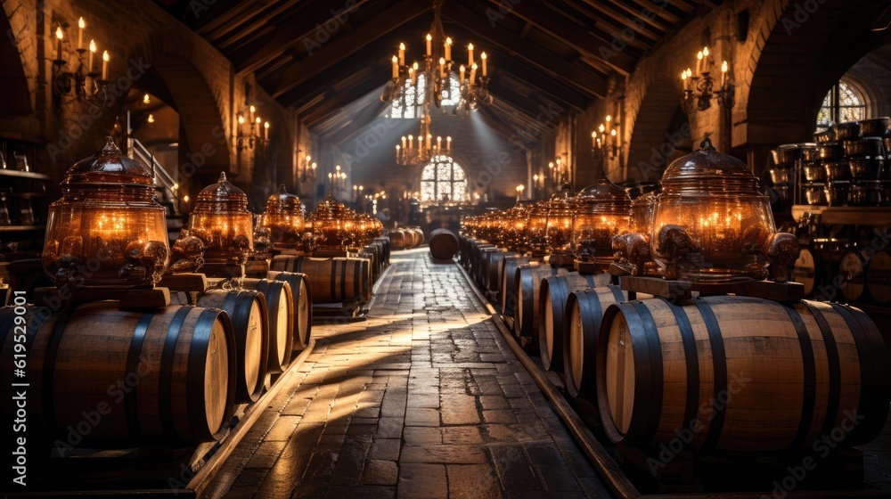 Wine barrels in wine vaults, Wine or whiskey barrels, French wooden barrels.