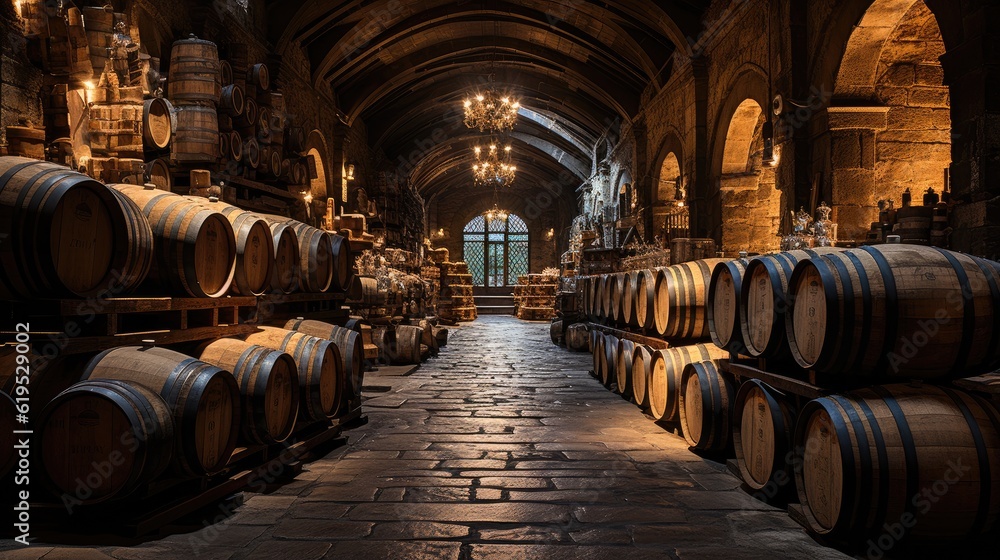 Wine barrels in wine vaults, Wine or whiskey barrels, French wooden barrels.