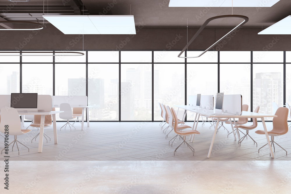 New coworking office interior with window and city view, equipment and furniture. 3D Rendering.