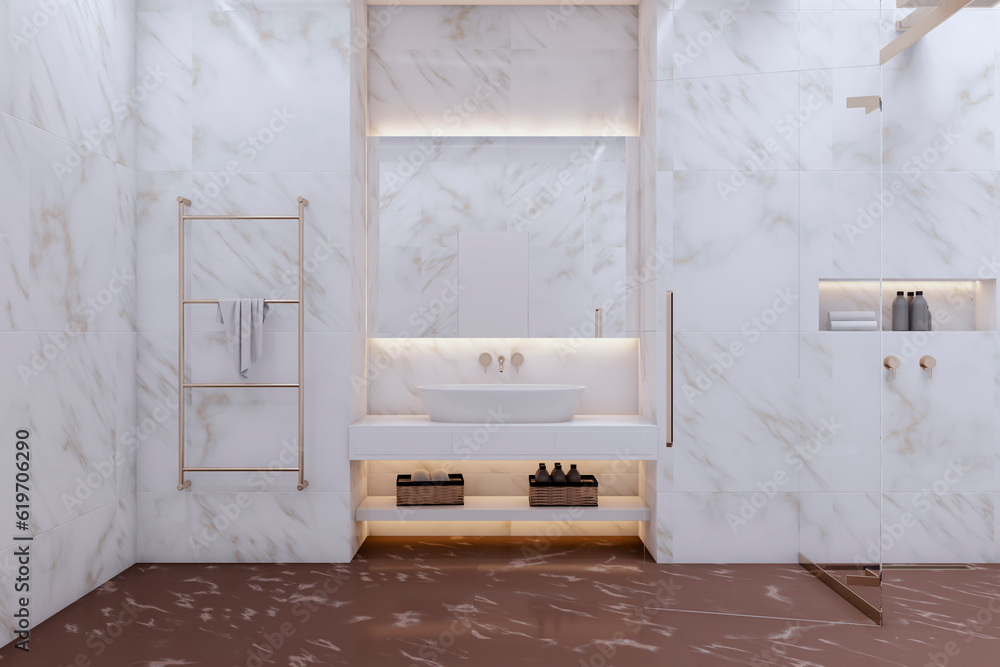 Contemporary marble glass bathroom interior. Hotel, luxury design concept. 3D Rendering.