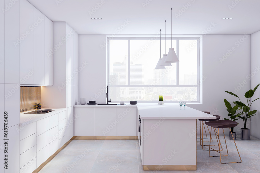 Side view of spacious empty modern kitchen interior with ceramic tiles floor and white walls. 3D Ren