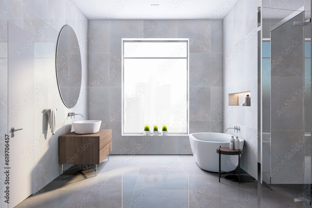 Side view of modern bathroom interior design with tiles grey walls and floor and window with city vi