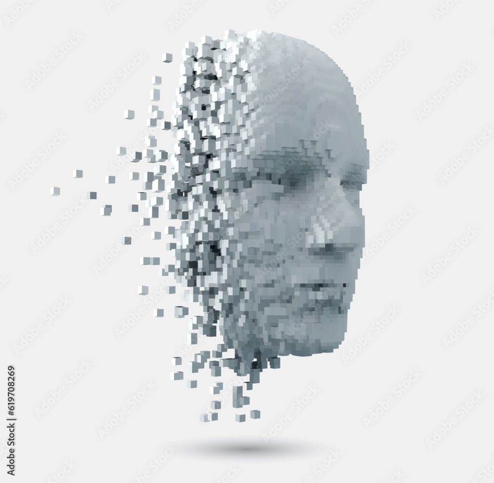 Vector abstract disintegrating human face.  3D illustration of a human head constructed by cubes. Vi