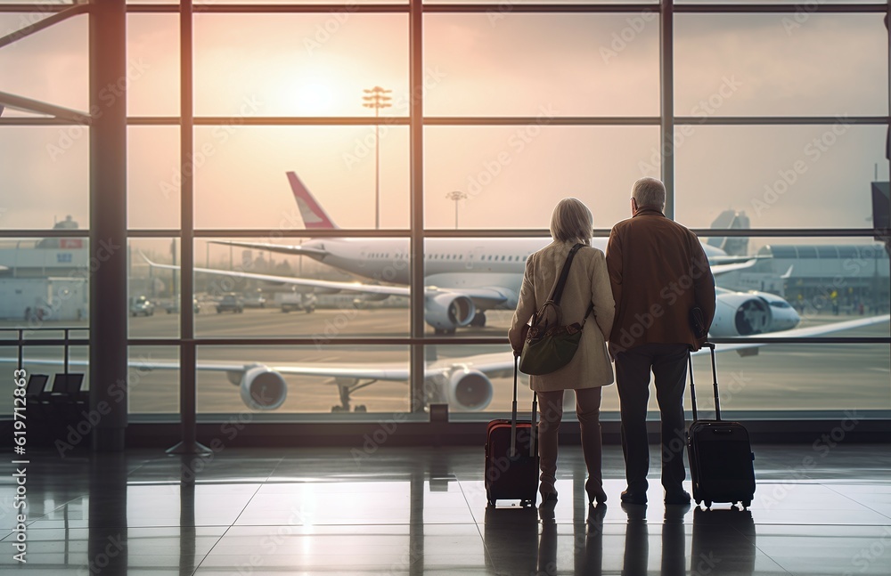 elder couple with luggage at airport