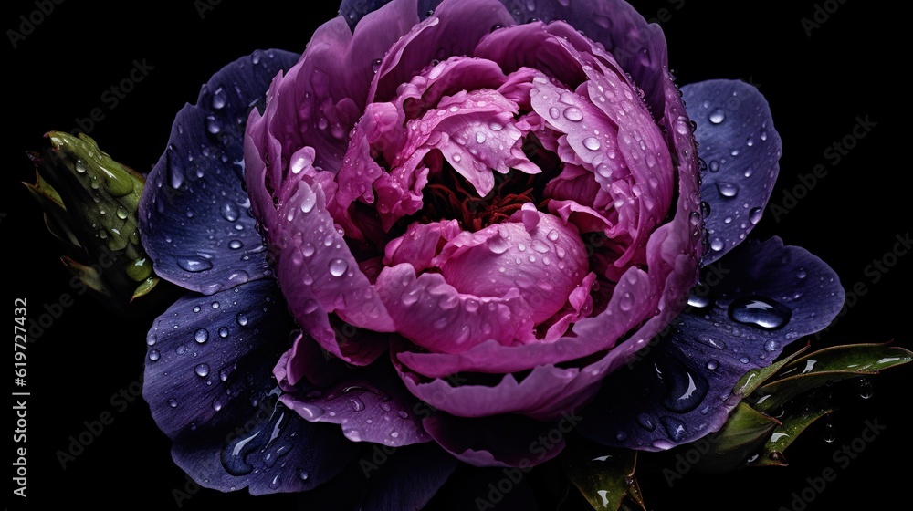 Black Peony flowers with water drops background. Closeup of blossom with glistening droplets. Genera