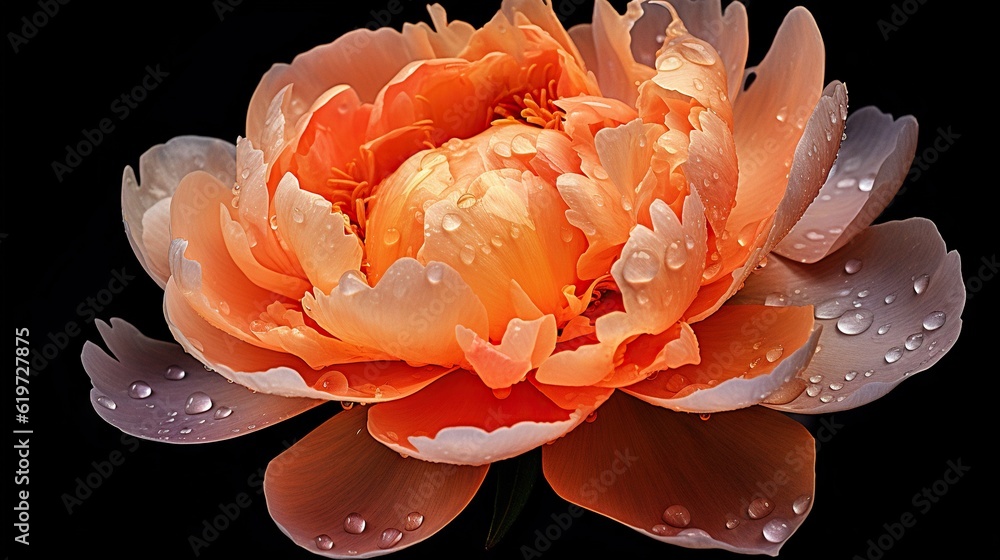 Orange Peony flowers with water drops background. Closeup of blossom with glistening droplets. Gener