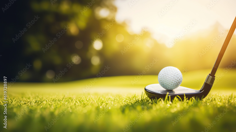 Golf club and golf ball on green grass background. Blurred backdrop. Outdoor sport on a sunny day. G