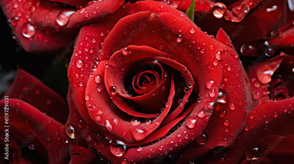 Red Roses flowers with water drops background. Closeup of blossom with glistening droplets. Generati