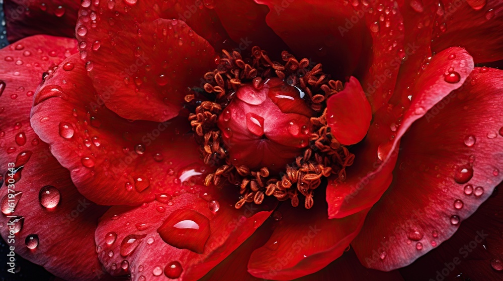 Red Peony flowers with water drops background. Closeup of blossom with glistening droplets. Generati