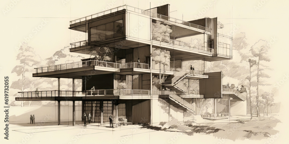 Detailed pencil sketch of modern suburban house. Abstract imaginary building concept. Generative AI