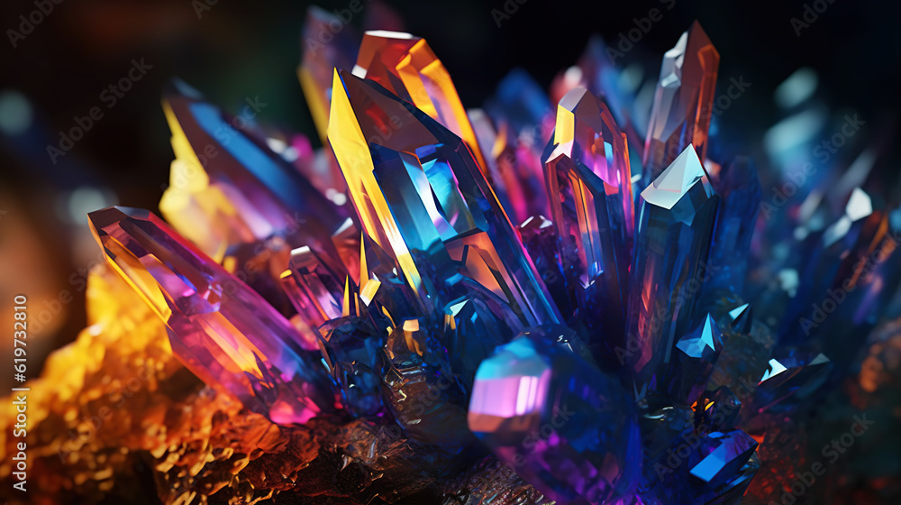 Amazing bright and shiny Titanium Quartz crystal cluster background. Jewel mineral detailed macro. G