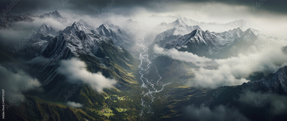 Dramatic snow-capped mountains landscape. Clouds and fog covers stone slopes. Generative AI