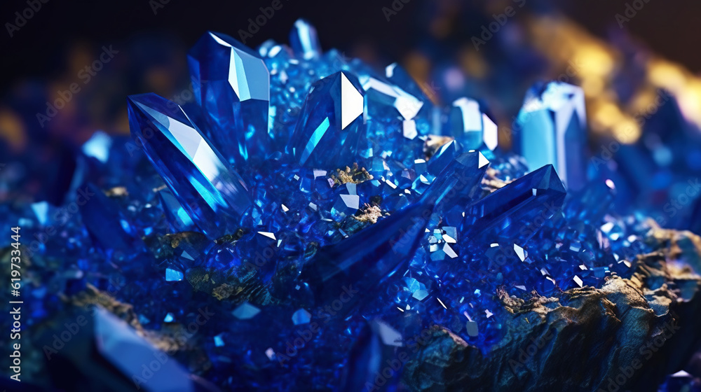 Amazing bright and shiny Azurite crystal cluster background. Jewel mineral detailed macro. Generativ