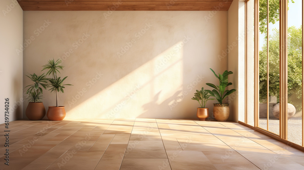 Empty room of modern contemporary loft with plants on wooden floor. Generative AI