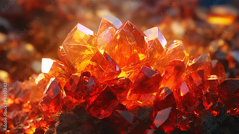 Amazing bright and shiny Sunset Fire Opal crystal cluster background. Jewel mineral detailed macro. 