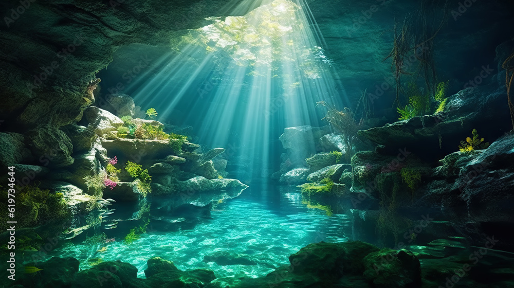 Underwater sunlight through the water surface seen from a rocky seabed with algae. Generative AI