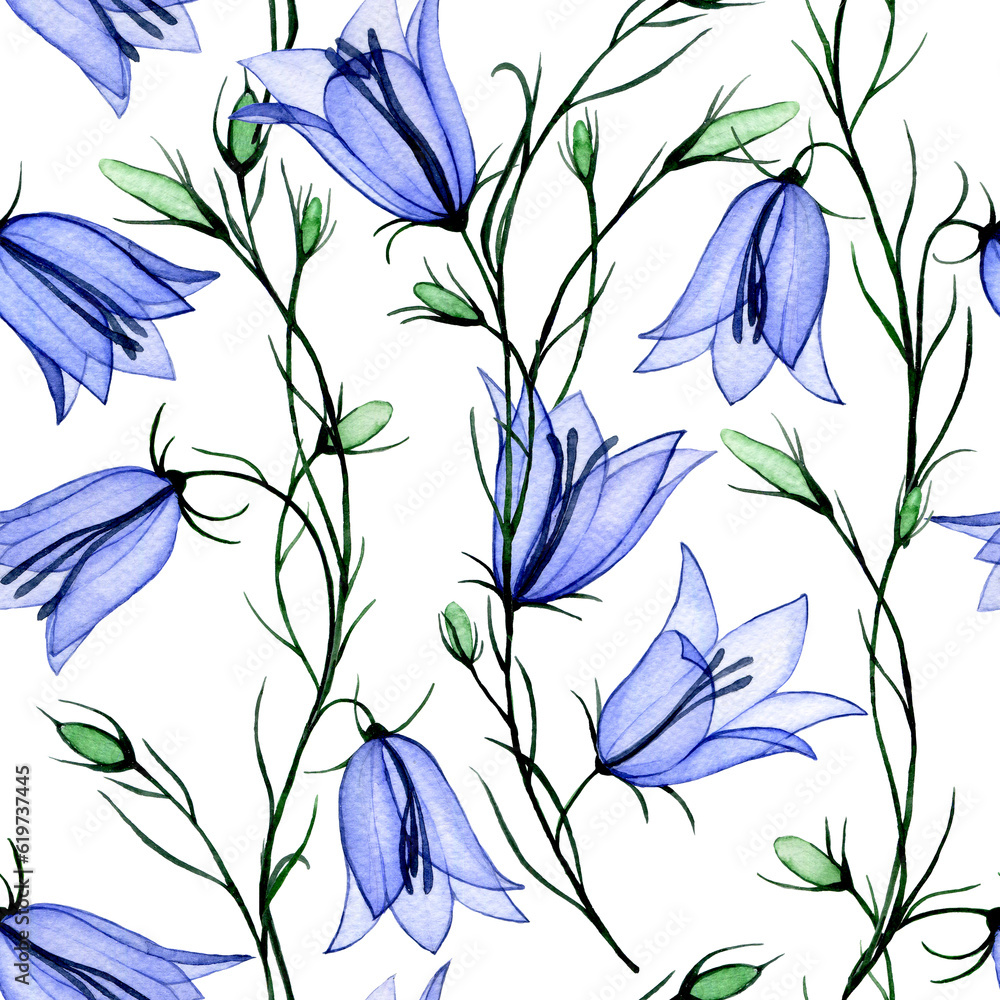 watercolor drawing. seamless pattern with bluebell flowers. spring wildflowers, x-ray