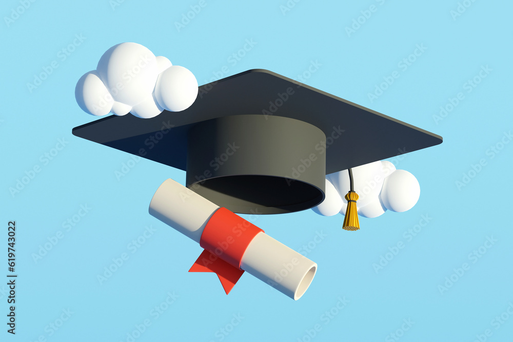 Creative 3d collage image of mortarboard graduation hat scroll diploma paper flying clouds isolated 