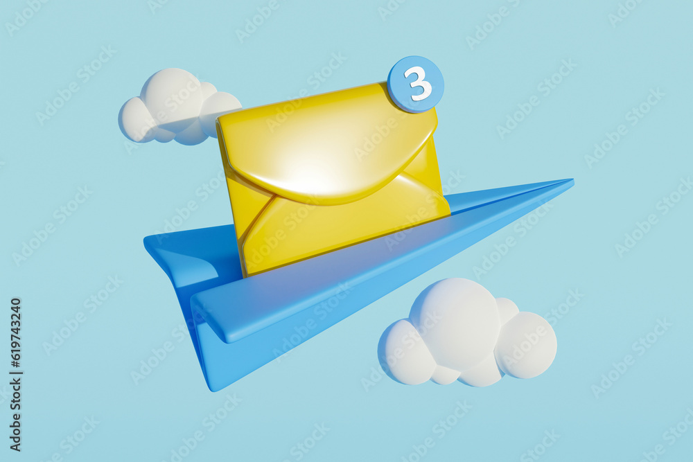 Artwork creative 3d collage picture of paper plane message notification flying clouds sky isolated o