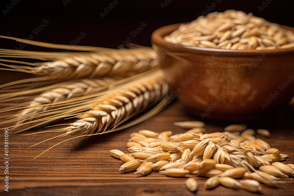 Ears of Wheat, Wheat ears and bowl of wheat grains on brown wooden background