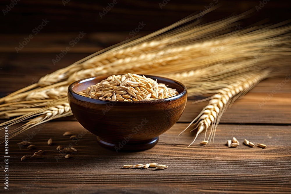 Ears of Wheat, Wheat ears and bowl of wheat grains on brown wooden background