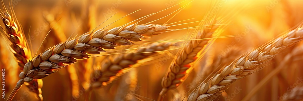 Wheat field. Ripening ears of wheat field. Rich harvest Concept. Ears of golden wheat. Rural Scenery