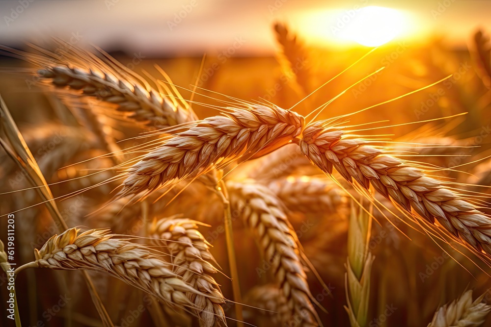 Wheat field. Ripening ears of wheat field. Rich harvest Concept. Ears of golden wheat. Rural Scenery