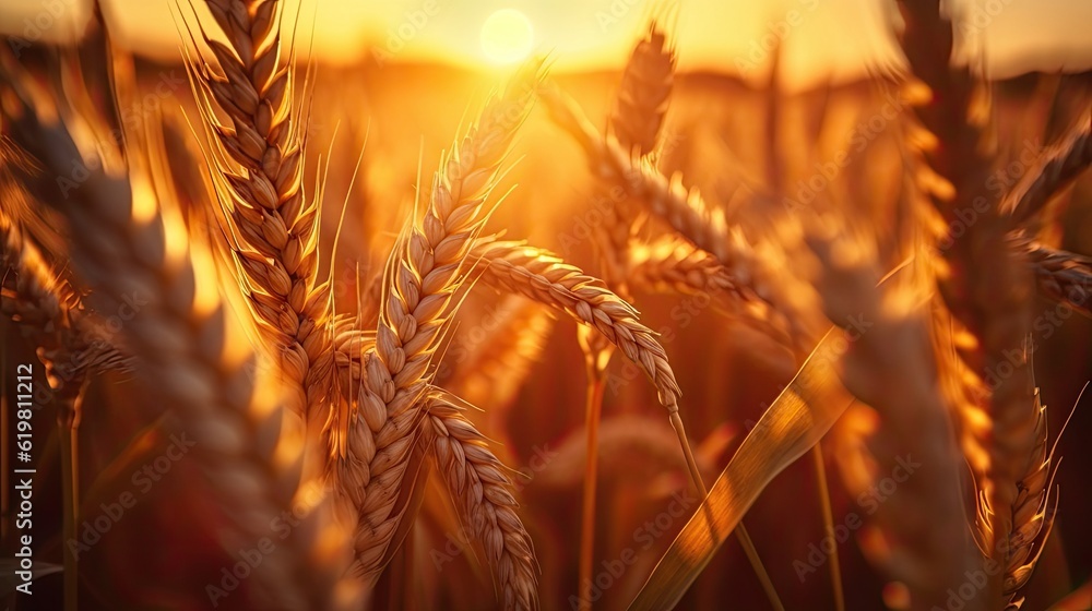 Wheat field. Ripening ears of wheat field. Rich harvest Concept. Ears of golden wheat. Rural Scenery