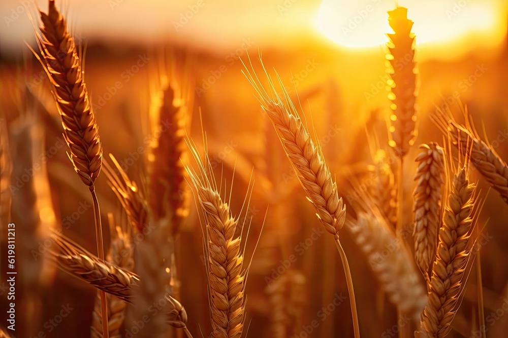 Wheat field. Ripening ears of wheat field. Rich harvest Concept. Ears of golden wheat. Rural Scenery