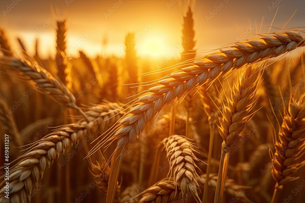 Wheat field. Ripening ears of wheat field. Rich harvest Concept. Ears of golden wheat. Rural Scenery