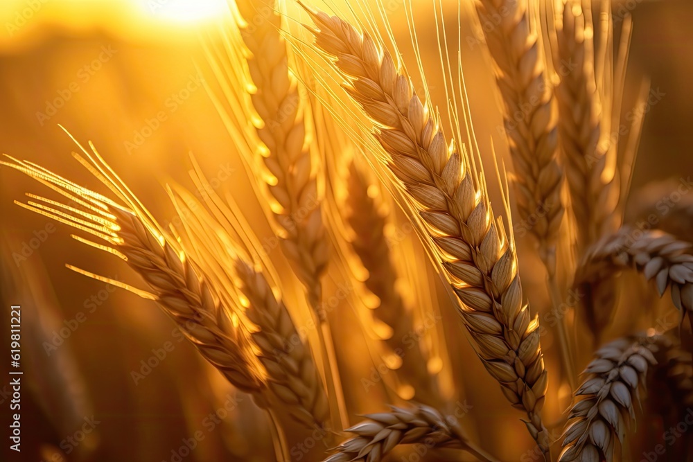 Wheat field. Ripening ears of wheat field. Rich harvest Concept. Ears of golden wheat. Rural Scenery