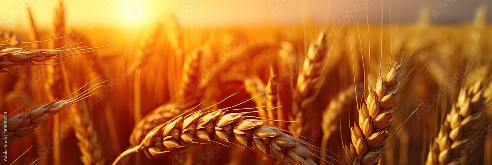 Wheat field. Ripening ears of wheat field. Rich harvest Concept. Ears of golden wheat. Rural Scenery