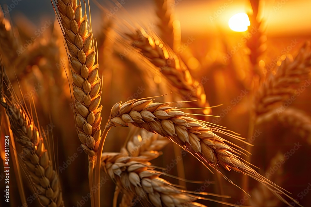 Wheat field. Ripening ears of wheat field. Rich harvest Concept. Ears of golden wheat. Rural Scenery