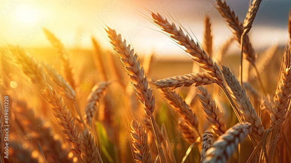 Wheat field. Ripening ears of wheat field. Rich harvest Concept. Ears of golden wheat. Rural Scenery