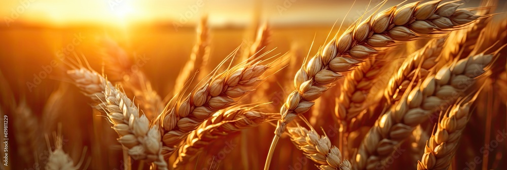 Wheat field. Ripening ears of wheat field. Rich harvest Concept. Ears of golden wheat. Rural Scenery