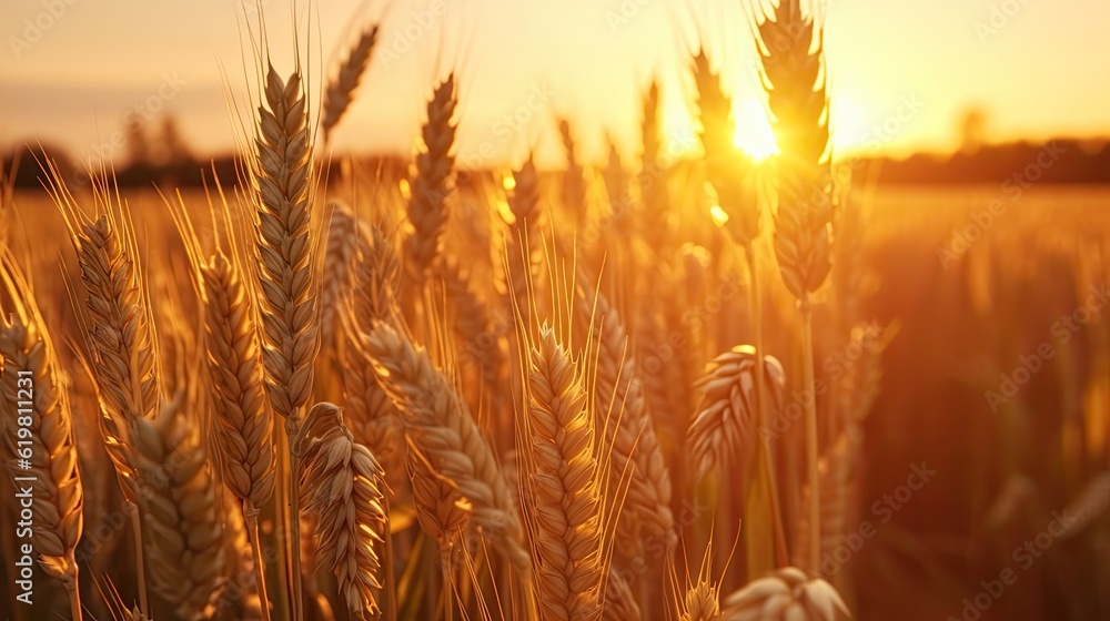 Wheat field. Ripening ears of wheat field. Rich harvest Concept. Ears of golden wheat. Rural Scenery